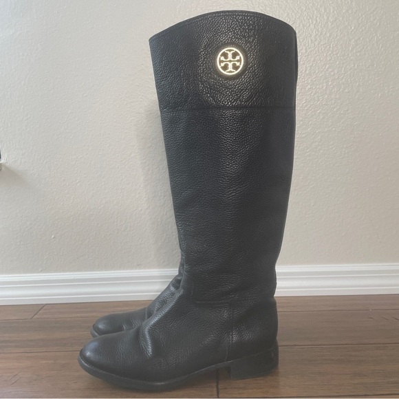 Black Leather Riding Boots with Gold Logo Tory Burch boots tall black boots - Picture 13 of 16
